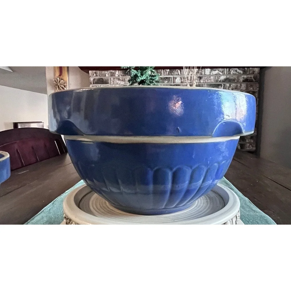 2 Vintage Beautiful Cobalt Blue Red Wing Stoneware 8 and 9 inch Ribbed Bowls